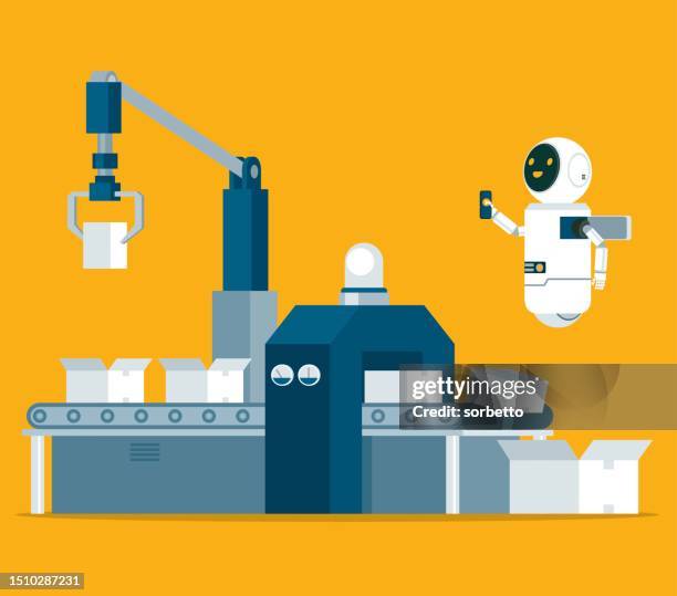 automation robot arm machine - chat bot - engineer tablet stock illustrations