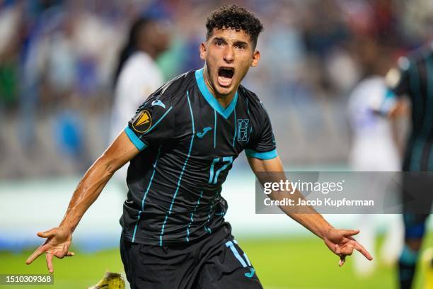 Jose Pinto of Honduras celebrates after scoring a goal against Haiti during their game at Bank of America Stadium on July 02, 2023 in Charlotte,...