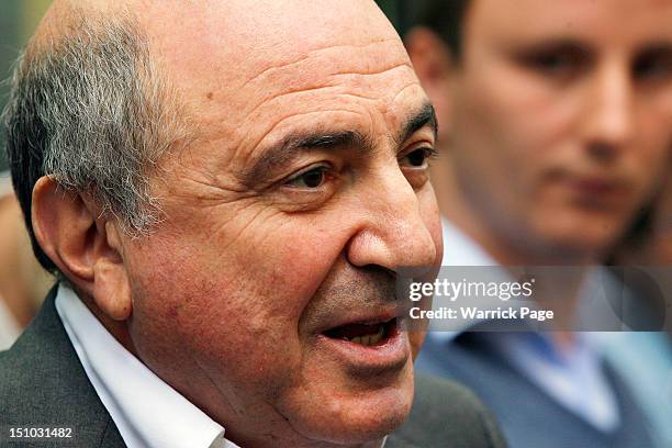 Boris Berezovsky addresses the media outside the Royal Courts of Justice after losing his lawsuit against Chelsea FC owner Roman Abramovich on August...