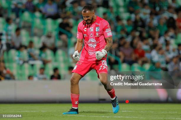 Guillemo Allison of Queretaro celebrates the team´s second goal during the 1st round match between Santos Laguna and Queretaro as part of the Torneo...