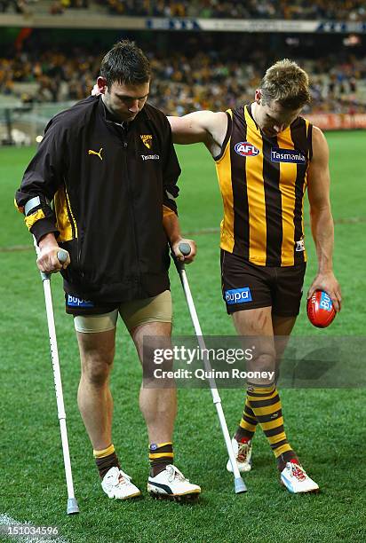 Brent Guerra of the Hawks is consoled by Sam Mitchell after injuring his hamstring during the round 23 AFL match between the Hawthorn Hawks and the...