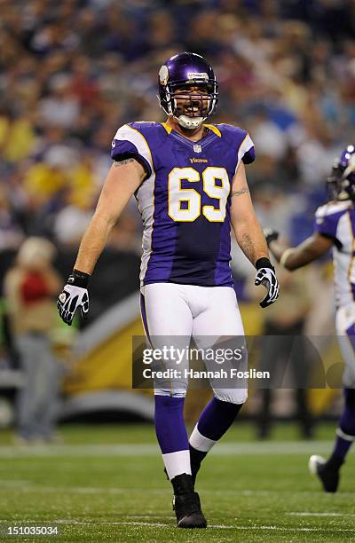 Jared Allen of the Minnesota Vikings looks on during the game against the San Diego Chargers on August 24, 2012 at Mall of America Field at the...