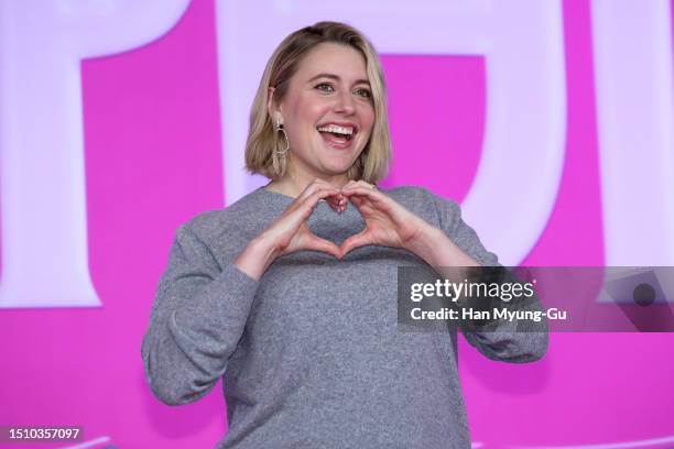 Director Greta Gerwig attends a press conference for "Barbie" on July 03, 2023 in Seoul, South Korea.