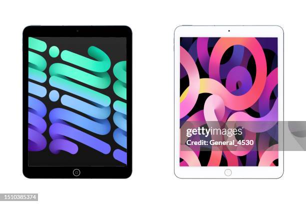 set of black and white tablet computers. - tablet stock pictures, royalty-free photos & images