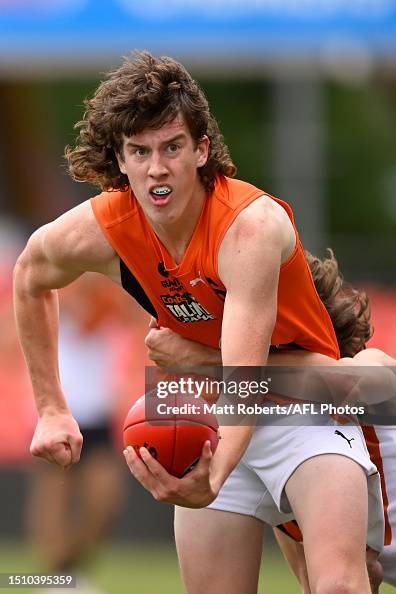 Alex Riley Jacob Hansen Riley Hansen of Greater Western Sydney handballs during the AFL... News ...