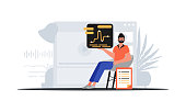 The man sits in a chasten and holds a chart with statistic . digital marketplace concept. Trendy style, Vector Illustration