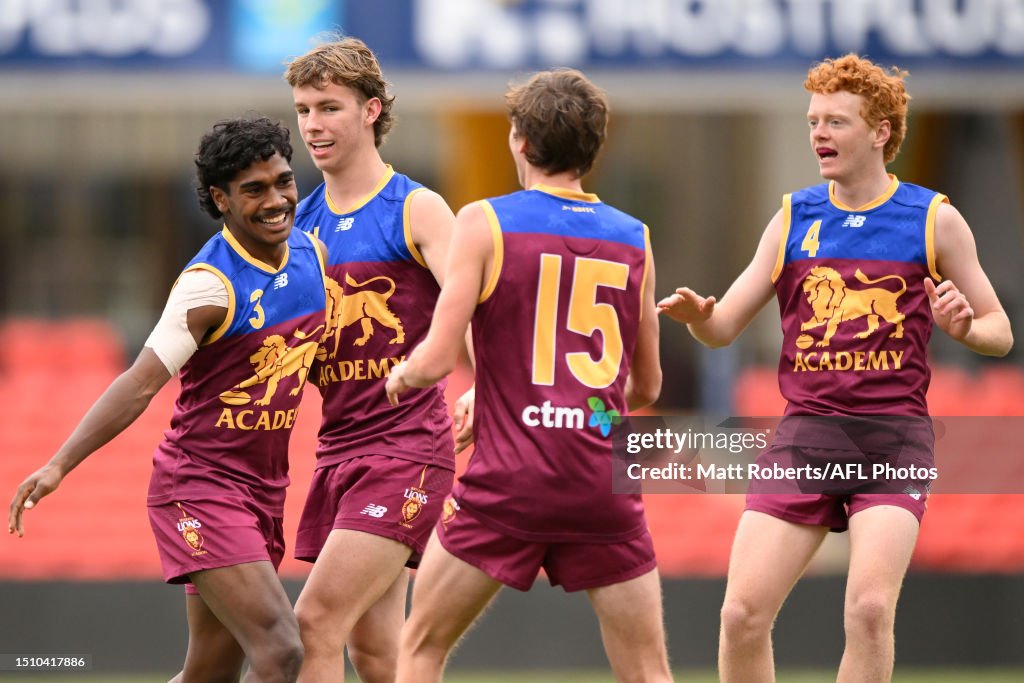 Raphael Geesu of Brisbane celebrates kicking a goal during the AFL ...
