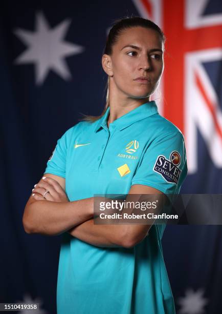 Steph Catley of the Matildas poses during an Australia Matildas portrait session ahead of the 2023 FIFA Women's World Cup at La Trobe University...
