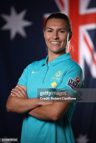 Steph Catley of the Matildas poses during an Australia Matildas portrait session ahead of the 2023 FIFA Women's World Cup at La Trobe University...