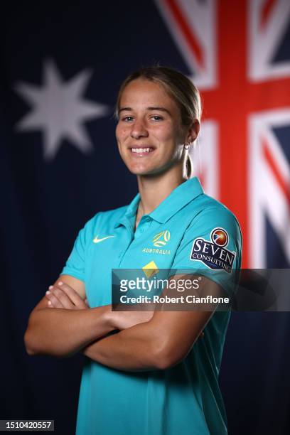 Courtney Nevin of the Matildas poses during an Australia Matildas portrait session ahead of the 2023 FIFA Women's World Cup at La Trobe University...