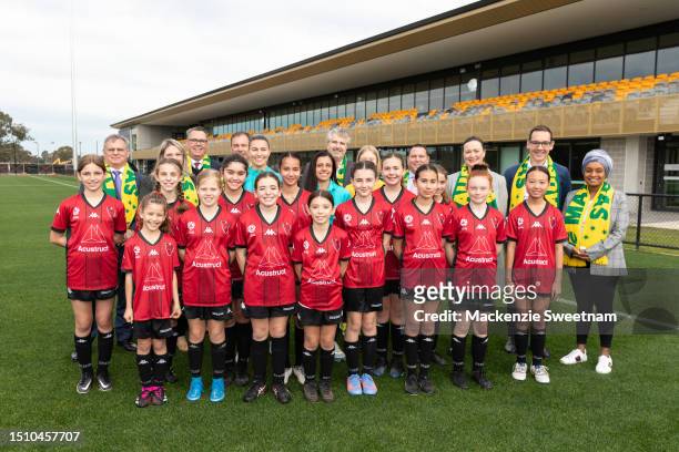 Alex Chidiac and Steph Catley pose with Sports Minister Steve Dimopoulous during the Official Opening of the Australian Matildas training facility...