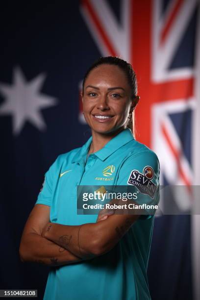 Kyah Simon of the Matildas poses during an Australia Matildas portrait session ahead of the 2023 FIFA Women's World Cup at La Trobe University Sports...