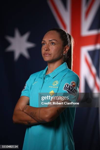 Kyah Simon of the Matildas poses during an Australia Matildas portrait session ahead of the 2023 FIFA Women's World Cup at La Trobe University Sports...