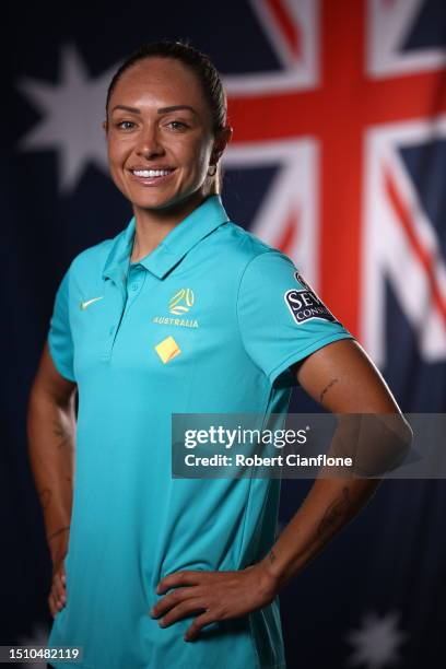 Kyah Simon of the Matildas poses during an Australia Matildas portrait session ahead of the 2023 FIFA Women's World Cup at La Trobe University Sports...