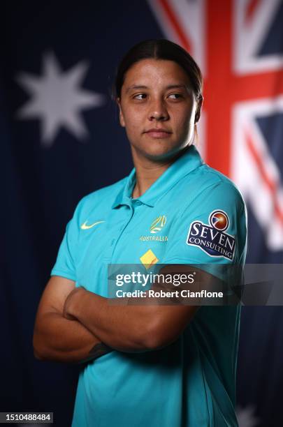 Sam Kerr of the Matildas poses during an Australia Matildas portrait session ahead of the 2023 FIFA Women's World Cup at La Trobe University Sports...