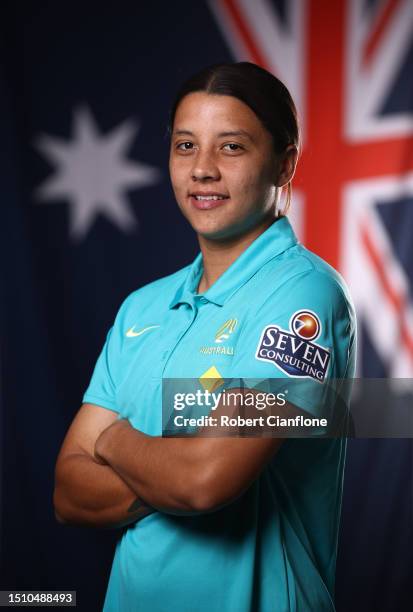 Sam Kerr of the Matildas poses during an Australia Matildas portrait session ahead of the 2023 FIFA Women's World Cup at La Trobe University Sports...