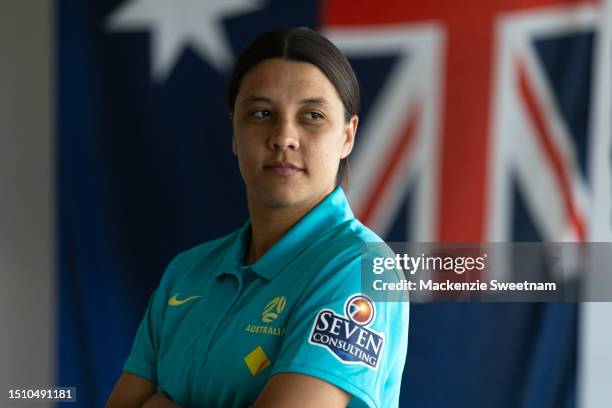 Sam Kerr during an Australia Matildas portrait session ahead of the 2023 FIFA Women's World Cup at La Trobe University Sports Fields on July 03, 2023...