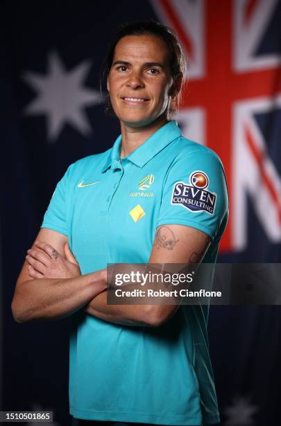 Lydia Williams of the Matildas poses during an Australia Matildas portrait session ahead of the 2023 FIFA Women's World Cup at La Trobe University...