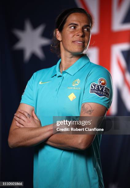 Lydia Williams of the Matildas poses during an Australia Matildas portrait session ahead of the 2023 FIFA Women's World Cup at La Trobe University...