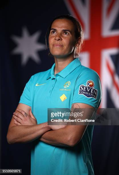 Lydia Williams of the Matildas poses during an Australia Matildas portrait session ahead of the 2023 FIFA Women's World Cup at La Trobe University...