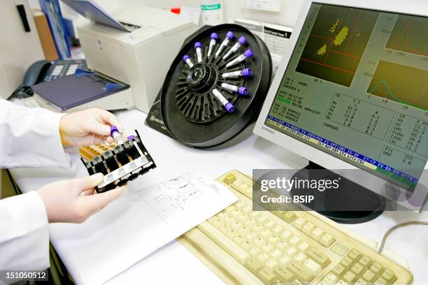 Photo Essay From Laboratory. Test Tubes Holder Of The Hematology Automaton Hmx Beckman Coulter By Flow Cytometry. Loading Of The Samples On The Rack.