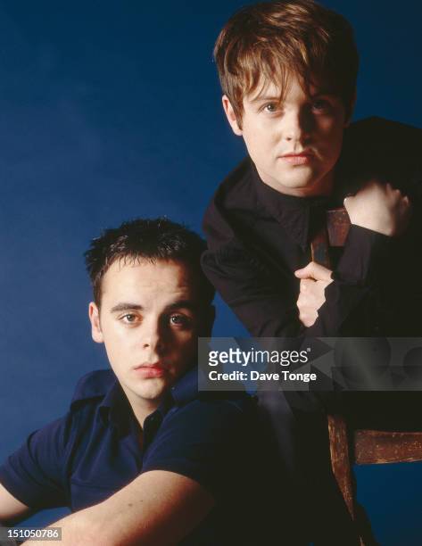 British TV presenters Ant and Dec, Camden, London, April 1997. Left to right: Anthony McPartlin and Declan Donnelly.