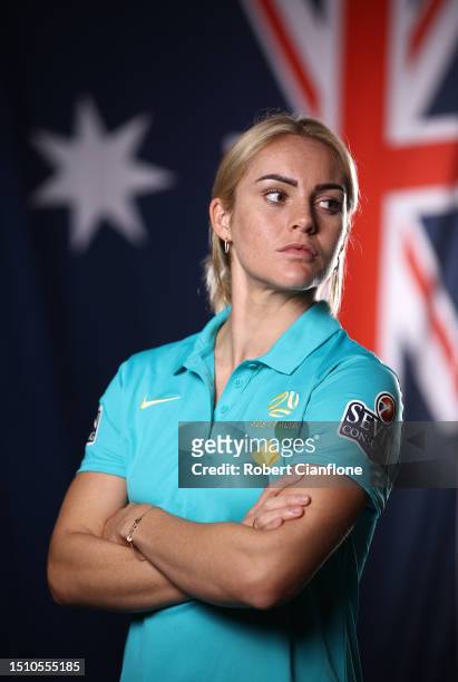 Ellie Carpenter of the Matildas poses during an Australia Matildas portrait session ahead of the 2023 FIFA Women's World Cup at La Trobe University...