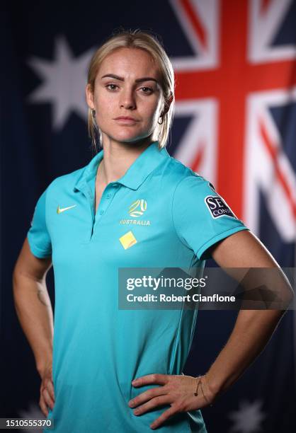 Ellie Carpenter of the Matildas poses during an Australia Matildas portrait session ahead of the 2023 FIFA Women's World Cup at La Trobe University...