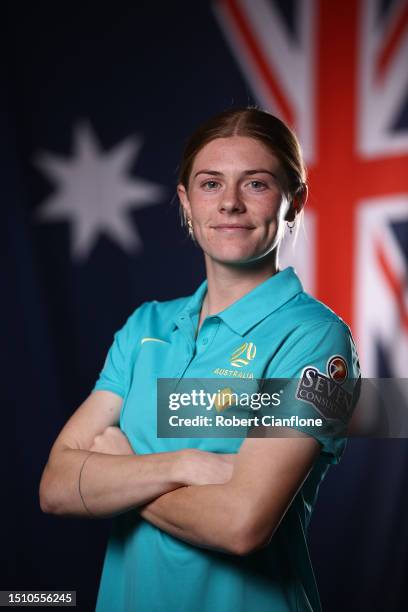 Cortnee Vine of the Matildas poses during an Australia Matildas portrait session ahead of the 2023 FIFA Women's World Cup at La Trobe University...