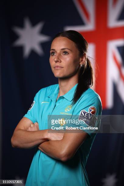 Hayley Raso of the Matildas poses during an Australia Matildas portrait session ahead of the 2023 FIFA Women's World Cup at La Trobe University...