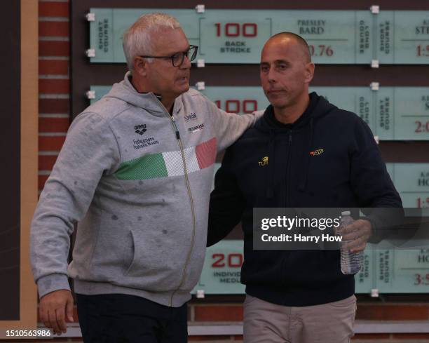 Head coaches Sandro Campagna of of Italy and David Martin of Spain embrace after a 10-4 Spanish victory during the gold medal match in the Men's...