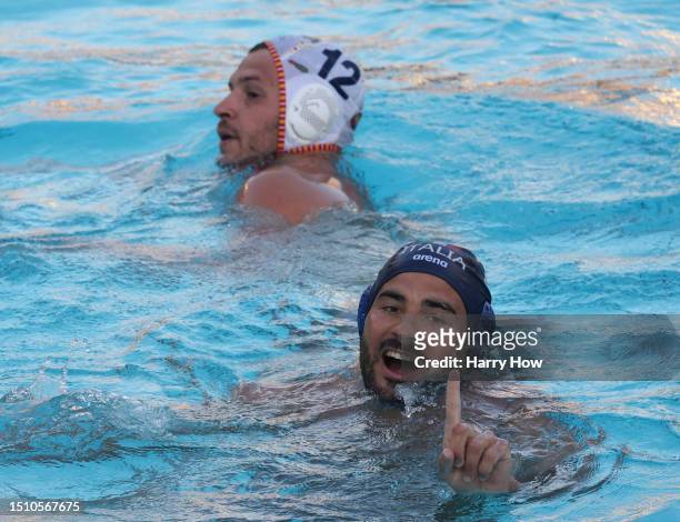 Francesco Di Fulvio of Italy reacts after his goal in a 10-4 loss to Spain during the gold medal match in the Men's Waterpolo World Cup at the...