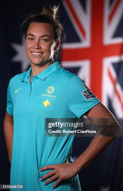 Mackenzie Arnold of the Matildas poses during an Australia Matildas portrait session ahead of the 2023 FIFA Women's World Cup at La Trobe University...