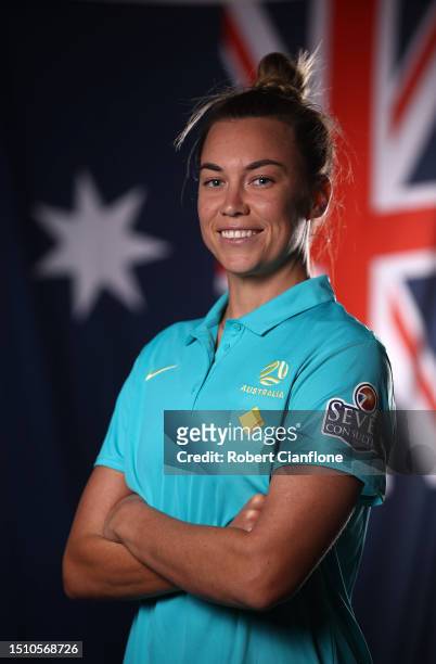 Mackenzie Arnold of the Matildas poses during an Australia Matildas portrait session ahead of the 2023 FIFA Women's World Cup at La Trobe University...