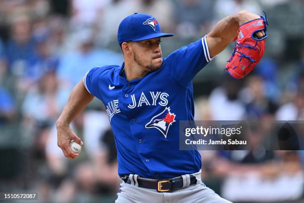 Jose Berrios of the Toronto Blue Jays pitches in the seventh inning of game one of a double-header against the Chicago White Sox at Guaranteed Rate...