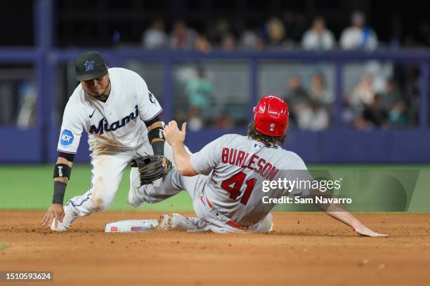 Alec Burleson of the St. Louis Cardinals is out on a fielder's choice at second base against Luis Arraez of the Miami Marlins in the seventh inning...