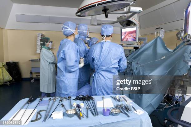 Photo Essay At The Hospital Of Meaux 77, France. Visceral And Digestive Surgery. Surgery Of Obesity Sleeve Gastrectomy Under Laparoscopy.