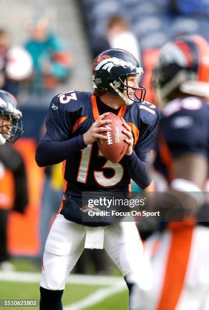 Danny Kanell of the Denver Broncos warms up prior to playing the Miami Dolphins in an NFL football game on December 12, 2004 at Invesco Field at Mile...