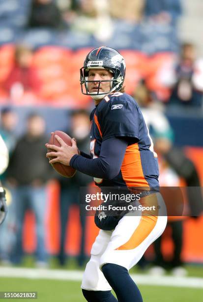 Danny Kanell of the Denver Broncos warms up prior to playing the Miami Dolphins in an NFL football game on December 12, 2004 at Invesco Field at Mile...