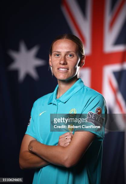 Emily van Egmond of the Matildas poses during an Australia Matildas portrait session ahead of the 2023 FIFA Women's World Cup at La Trobe University...