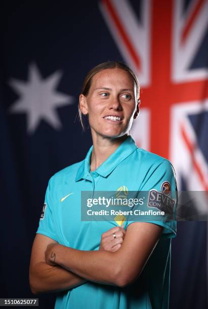 Emily van Egmond of the Matildas poses during an Australia Matildas portrait session ahead of the 2023 FIFA Women's World Cup at La Trobe University...