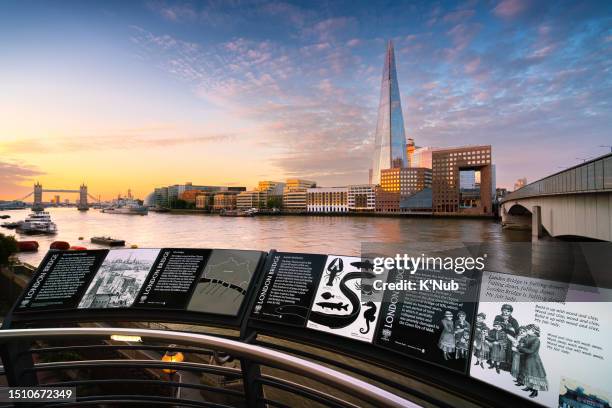 the shard tower and tower bridge popular landmark from london bridge over thames river with beautiful sunset or sunrise view of downtown in city of london, great britain, united kingdom, uk - k'nub stock pictures, royalty-free photos & images