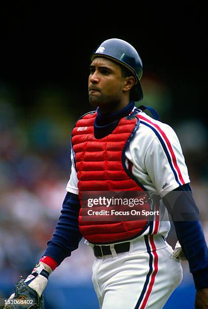 Sandy Alomar Jr. #15 of the Cleveland Indians walks back to the dugout after the inning during an Major League Baseball game circa 1990 at Cleveland...