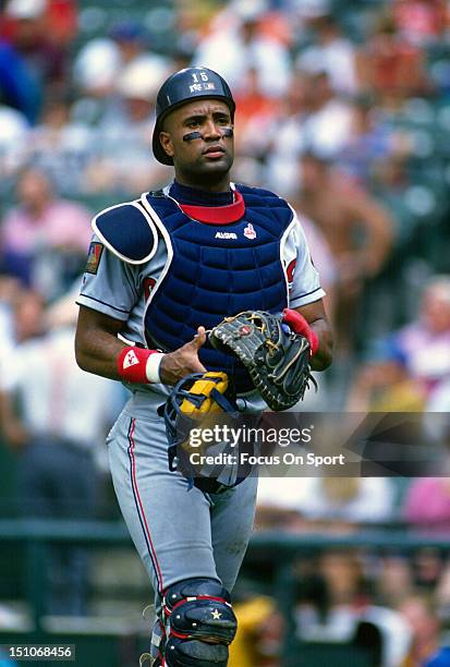 Sandy Alomar Jr. #15 of the Cleveland Indians looks on against the Baltimore Orioles during an Major League Baseball game circa 1994 at Camden Yards...