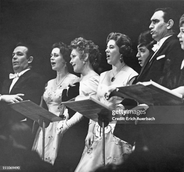 From left to right, Turkish Swiss bass Fernando Corena , Swedish soprano Elisabeth Söderström , soprano Elisabeth Schwarzkopf , British soprano...