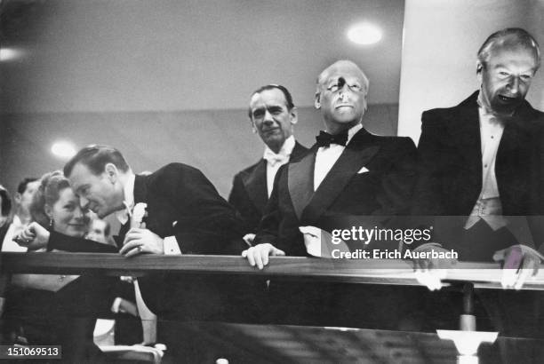 From left to right, actress and dancer Moira Shearer , actor John Mills , conductor Malcolm Sargent , David Webster , manager of the Royal Opera...