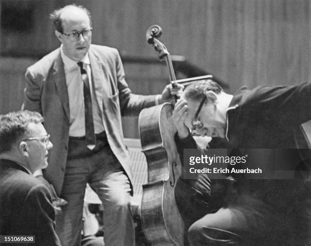 From left to right, Russian composer Dmitri Shostakovich , cellist Mstislav Rostropovich and conductor Gennady Rozhdestvensky during the London...