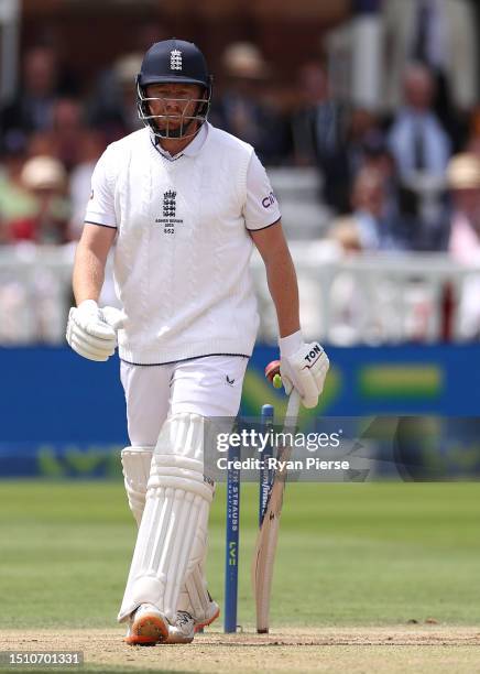 Jonny Bairstow of England reacts after he was stumped by Alex Carey of Australia during Day Five of the LV= Insurance Ashes 2nd Test match between...