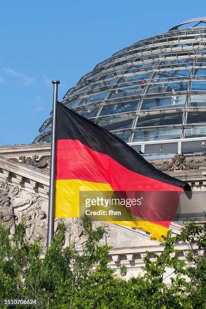 deutscher bundestag - dome of the reichstag building with german flag (german parliament building) - berlin, germany - tiergarten stockfoto's en -beelden