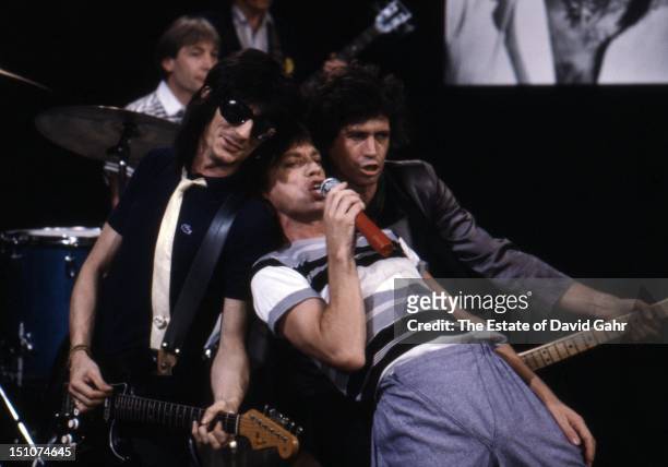 Rock group The Rolling Stones perform for a video shoot at S.I.R. Studios on June 30, 1981 in New York City, New York.